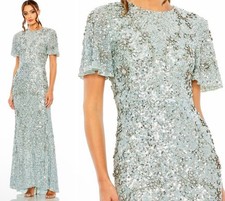 Mac Duggal 93932 Blue Size 16 Flutter Sleeve Sequin Beaded High Neck Gown NWT