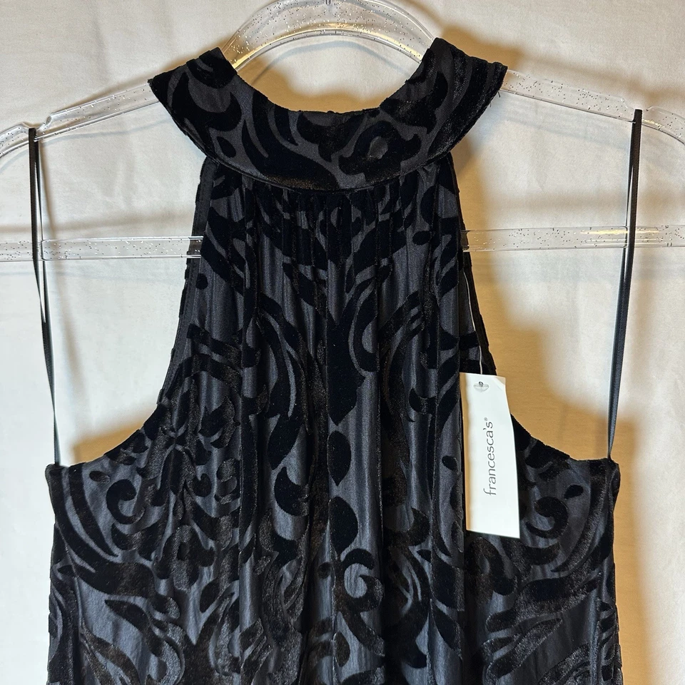 NWT Francesca's black velvet halter mini dress with an art deco or floral print - Image 2 of 4