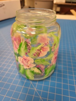 Hand Painted Floral Glass Jar Vase Flower Design Decor Art Display Container