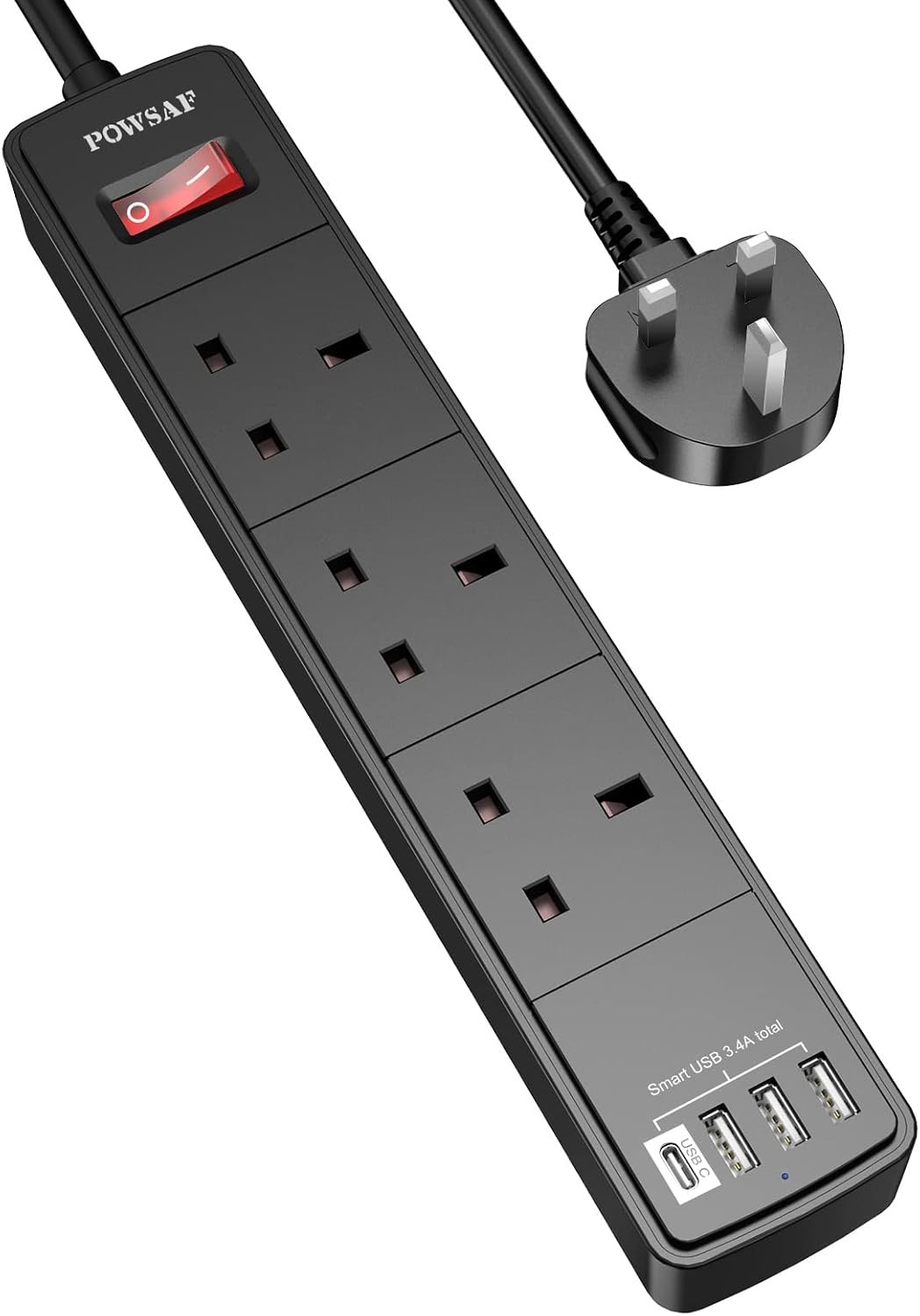 Extension Lead 3 Way USB C Power Strip Surge Protector 2M Extension Cable Black