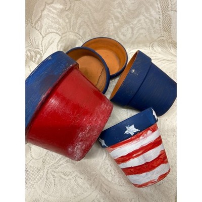 Vintage Americana Hand Painted Terracotta Planter Set Rustic Shabby Chic July 4