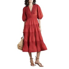 Zimmermann Plisse Pleated Dress Size 0, US 4, AUS 8 Midi Maxi Tomato Puff Sleeve