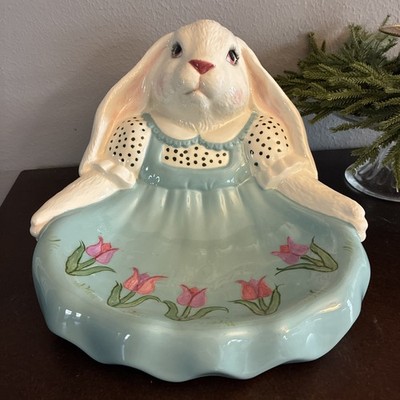  Easter Bunny Candy Dish Egg Holder 8 x10 Ceramic Hand Painted Unique 