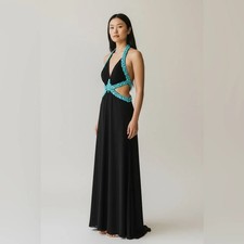 Vestido Camille La Vie Talla 4 Negro Turquesa Cuentas Recorte Halter Baile de graduación Y2K
