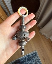 Antique English Sterling Silver Baby Rattle Teething Ring With Bells And Whistle