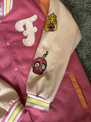 THEORYWEAR MENS FNAF Varsity Fleece Jacket XL Pink Embroidered Patch Pockets image 5