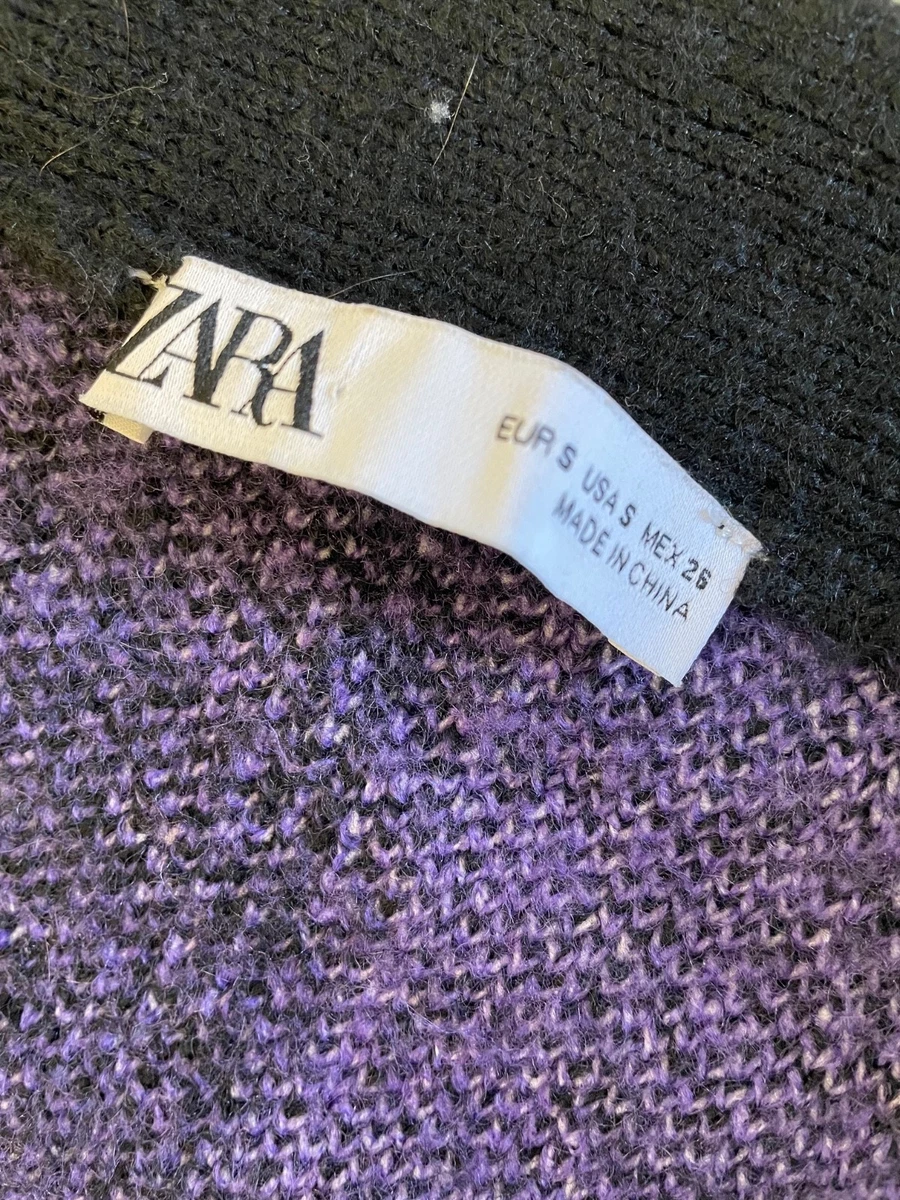 Zara Womens Cardigan S Oversized Purple Black Checkered Floral Knit Sweater