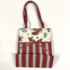 Longaberger Small Fabric Tote Bag Holiday Poinsettia Stripe Purse Magnetic Close