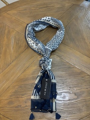 Chole & Lex Cotton Scarf Mixed Pattern Design Blue And White With Tassels NWT