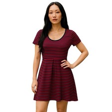 J Crew Red Navy Blue Striped A Line Flare Scoop Neck Short Sleeve Dress Size 6