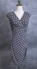 Lauren Ralph Lauren Women's Size 8 Gray/White Polka Dot Ruched Faux Wrap Dress