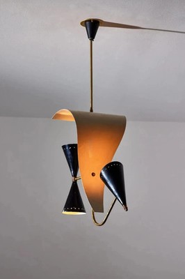 1950's Mid Century Brass Sputnik Chandelier Black & White Fixture 2 Light unique