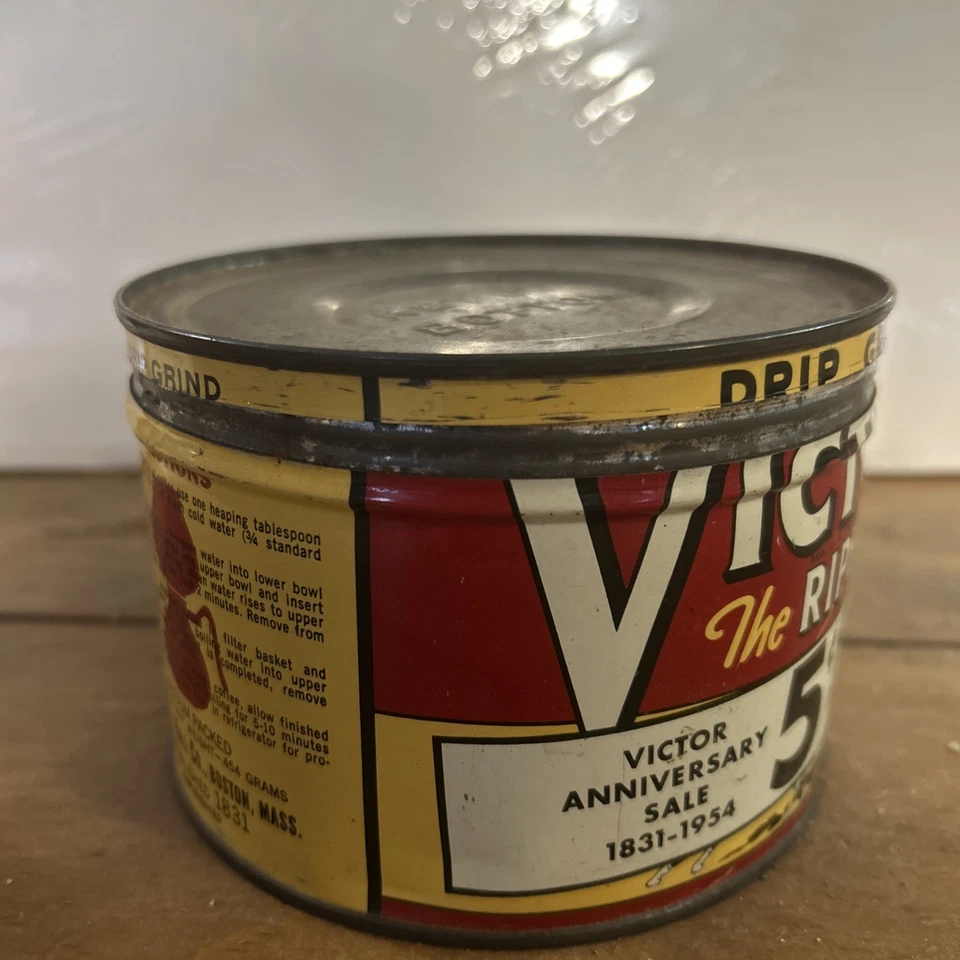 RARE Vintage Victor Ripe Coffee Can Tin 1954 ANNIVERSARY SALE 5 Cents Off - Image 3 of 4