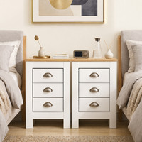 Bedside Tables Set of 2 White Oak Nightstands 3 Drawer Storage Cabinets Unit
