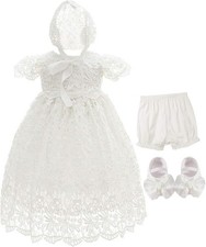 Baby Girls 4Pcs Gown and Bonnet Christening Baptism Dress Lace Baby Dress wit...
