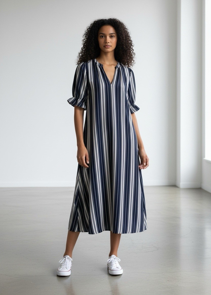 Ann Taylor Factory Women’s L Navy White Striped V-Neck Short Sleeve Midi Shift