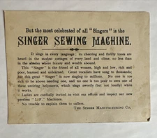 Victorian trade card Singer Sewing Machine “Most Celebrated Of All Singers” B18