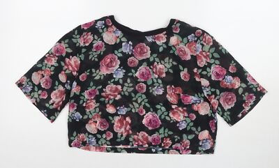 Divided by H&M Damen schwarz Blumenmuster Polyester Basic T-Shirt Größe 10 Rundhals