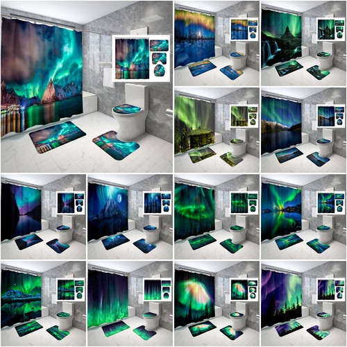 Aurora Shower Curtain Set Non-Slip Bathroom Rug Thick Bath Mat Toilet Lid Cover - Picture 1 of 41