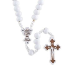 Confirmation Rosary - 8mm White Wood Beads 1" Chalice Center 1.3" Crucifix 14" L
