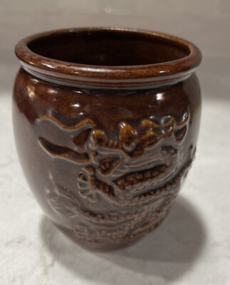 Vtg Small Brown Asian Ceramic Cup Pot Vase with 3D Foo Dog 4 