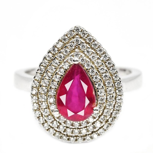925 STERLING SILVER HALO RING SIZE 9 NATURAL PINK RED RUBY PEAR & WHITE CZ