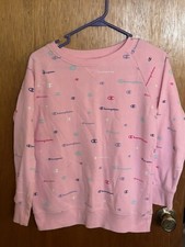 Champion Crewneck Sweatshirt Pink Loud Crazy Multiple Logos Print Girls XL  