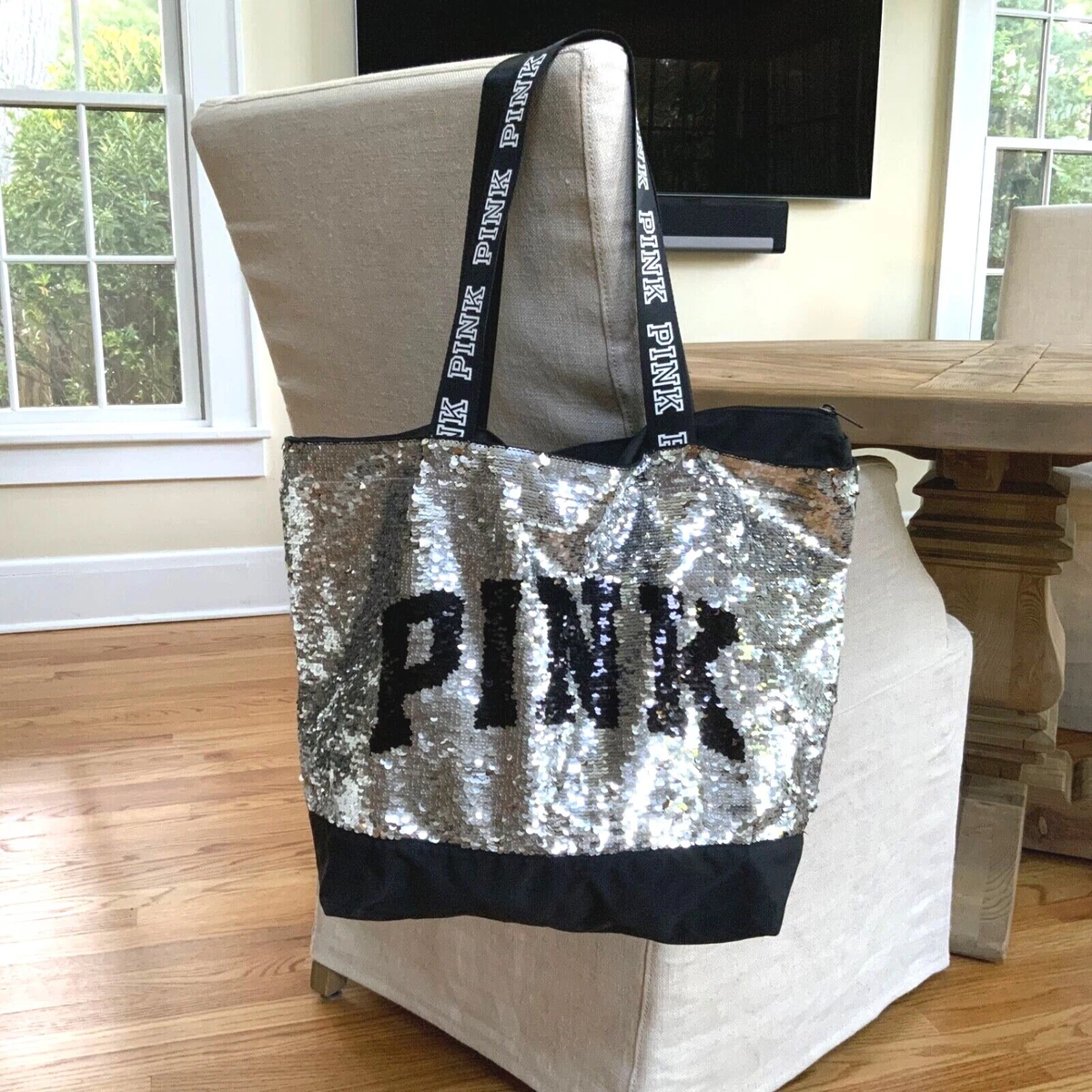 New Victoria Secret PINK Bling Sequin flip Tote Bag Gold Large