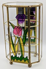 Vintage Glass Curio Cabinet - Miniature Curio Cabinet - Stained Glass Shelf