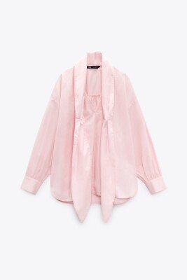 ZARA PINK TIE NECK PUSSY BOW OVERSIZED POPLIN BLOUSE SHIRT EXTRA