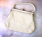 VINTAGE 1950s-1960s BEADED IVORY PURSE FRAME EVENING BAG w/MOTHER OF PEARL