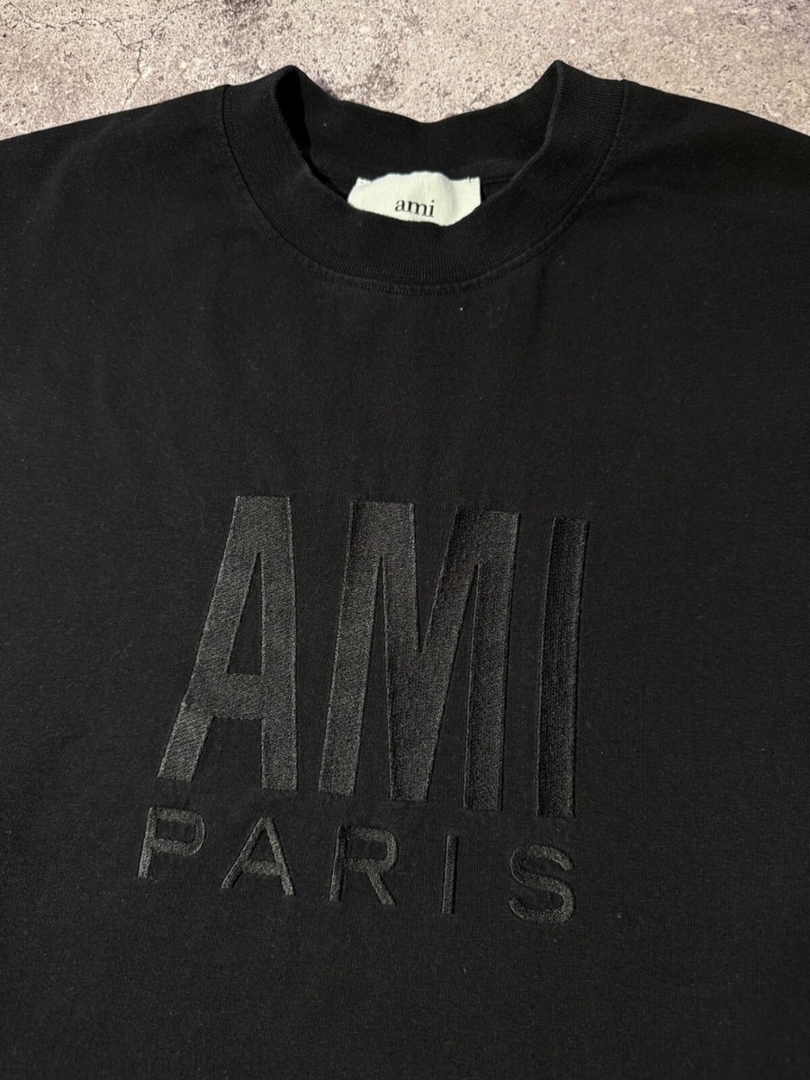 AMI Paris Black 100% Cotton Big Embroidered Logo T-shirt Men's
