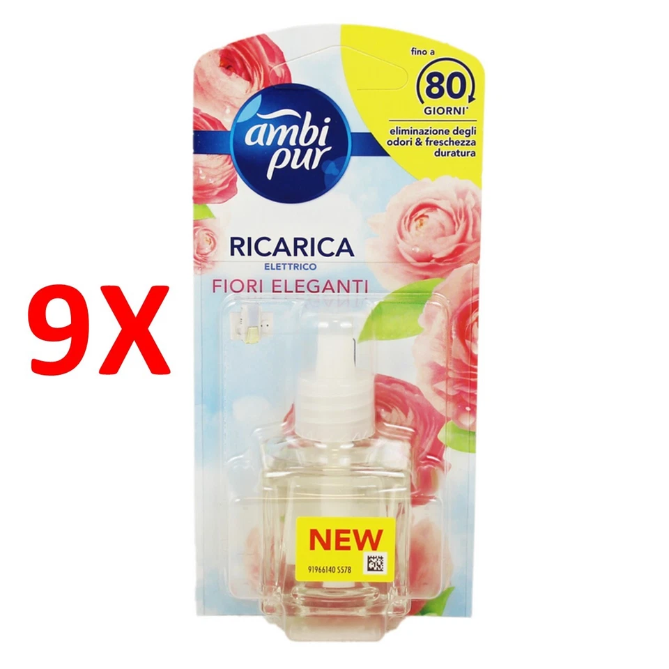 9 X Ambipur Elettrico Ricarica Liquida Fiori Eleganti 20 Ml