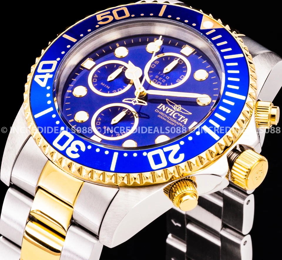 Reloj pulsera Invicta PRO DIVER para hombre cronógrafo esfera azul bisel plata oro 18K Foto 4 de 4
