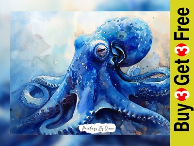 Blau Octopus Aquarell Maldruck 5''''x7'''' auf mattem Papier - lebendige Kunst