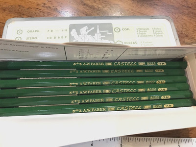12 VINTAGE A.W.FABER-CASTELL 7H PENCILS  w/Tin BOX- MADE IN GERMANY, No. 9000