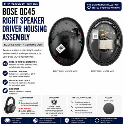 Bose QC45 Rechtes Lautsprechergehäuse Einschub Eclipse Grey OEM Ersatzteil