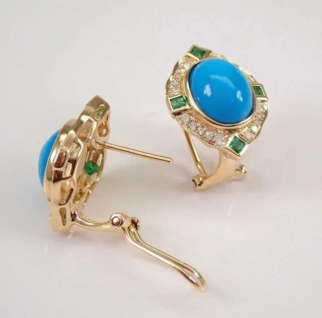 Pendientes Halo Turquesa Natural 4.0Ct Corte Ovalado Omega Clip Chapado en Oro Amarillo 14K Foto 3 de 4