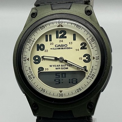 Casio 2747 AW-80 Mens Watch 40mm Beige Dial Green Telememo 30