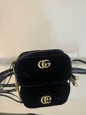 Gucci GG Marmont Black Chevron Quilted Crossbody Zip Gold Chain Pink Lining