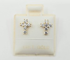 Unique Tiny 14K Karat Solid Yellow Gold Religious Cross Shaped CZ Stud Earrings