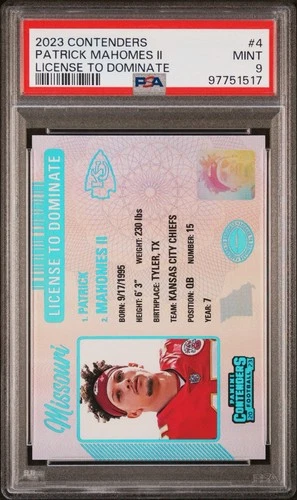 2023 PATRICK MAHOMES II CONTENDERS LICENSE TO DOMINATE #4 PSA 9 Mint Chiefs