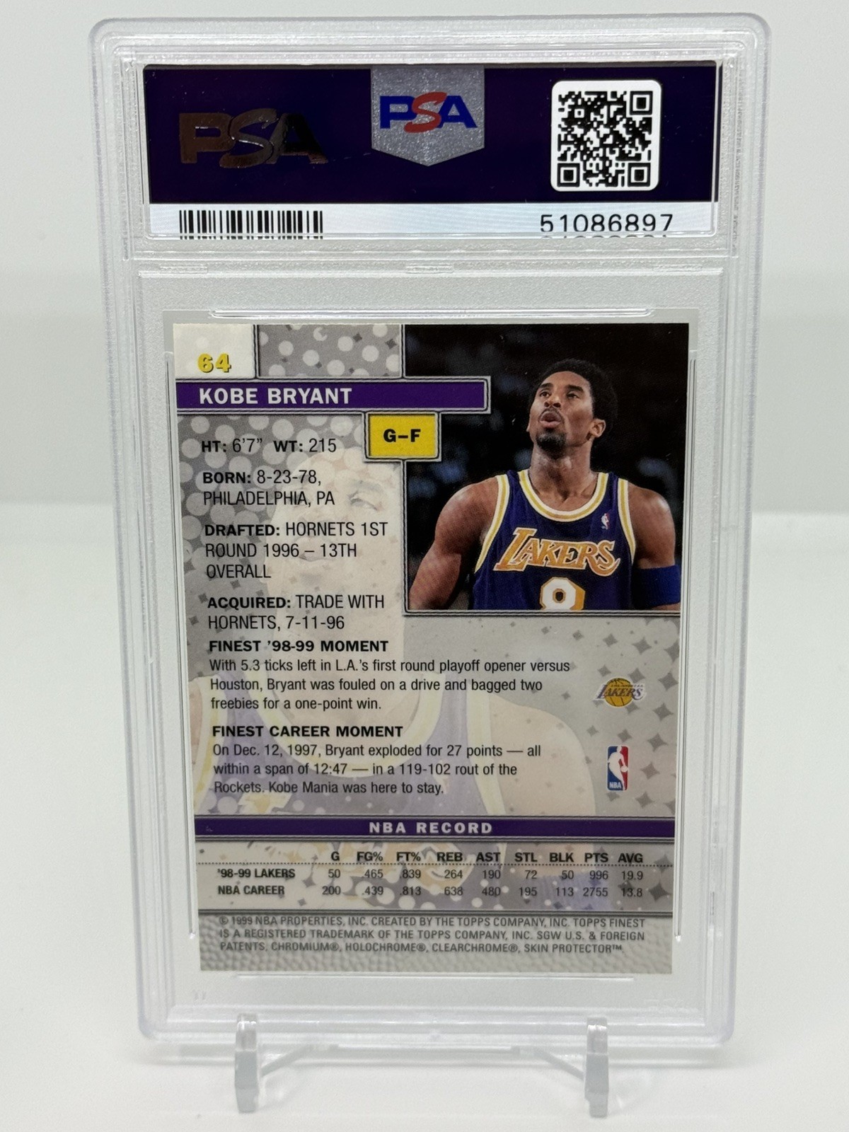 1999 TOPPS FINEST #64 KOBE BRYANT PSA 9 893 view 2