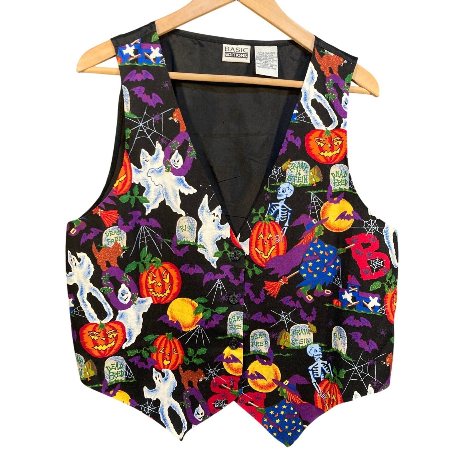 Basic Editions Halloween Vest Women's Lg Vtg Y2K Black Pumpkin Ghost Bats Spooky
