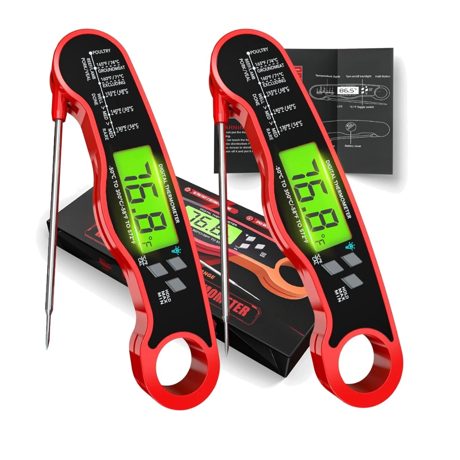 Versatile 2-Pack Digital Meat Thermometers with Fast Read & Backlight Features