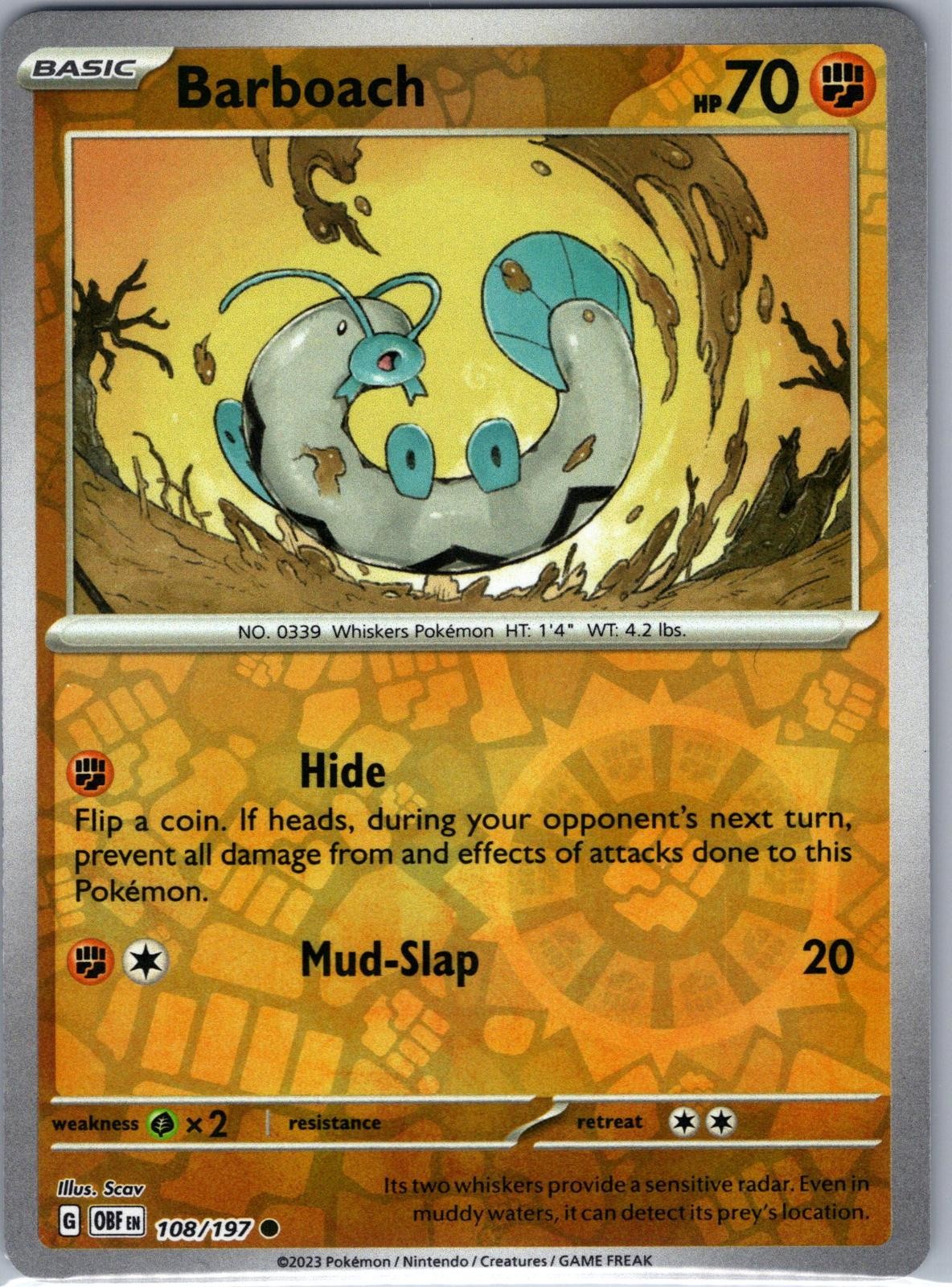 Barboach 108/197 Common Obsidian Flames Pokemon Reverse Holo Near Mint