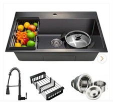 All-in-One Black Stainless Steel Drop-In Bowl Kitchen Sink Spring Neck Faucet