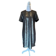 Ralph Lauren Metallic Silver Sequin Short Sleeve Shift Dress Womens Size 10 NWT