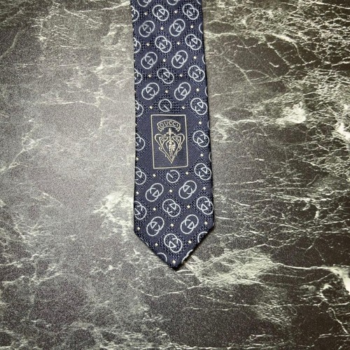 Gucci Navy Silk Tie Logo Pattern Interlocking Brand - Picture 5 of 7