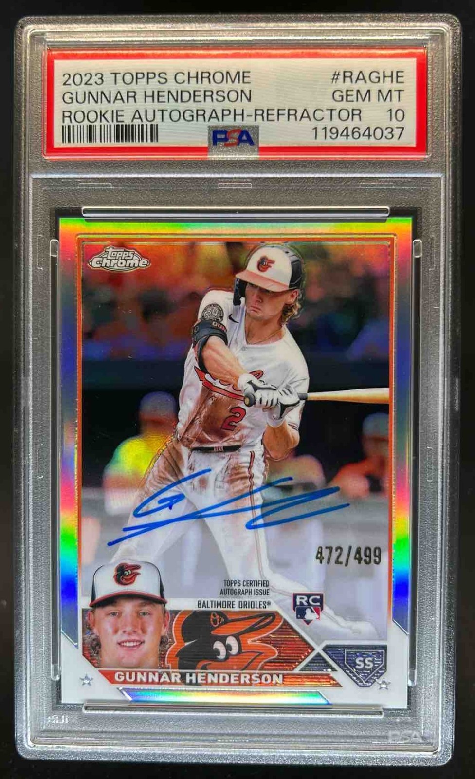 2023 Topps Chrome Gunnar Henderson Rookie Auto RC Refractor #/499 Orioles PSA 10